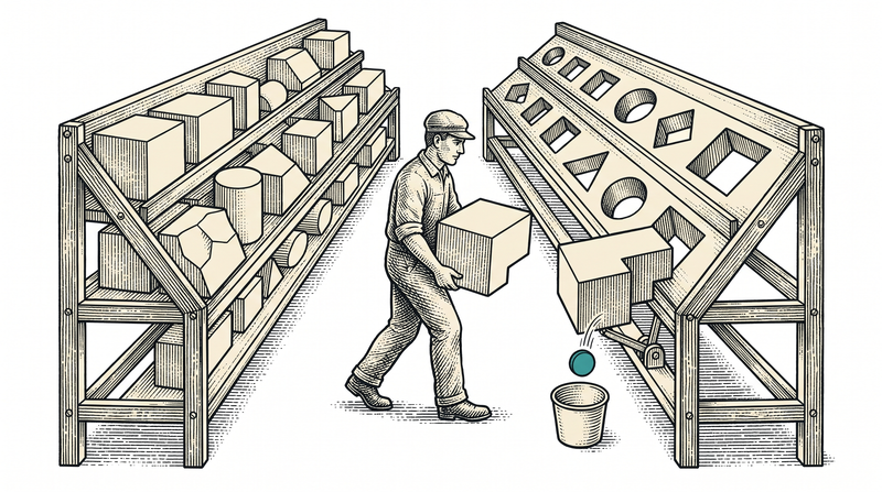 Two racks facing each other, one of shaped blocks and one of shaped openings; the worker carries a block past the ones that do not fit to the one it seats into, and as it seats the lever beneath drops the teal token into the cup