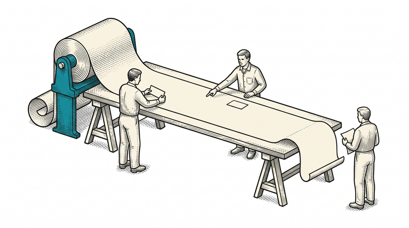 A long blank paper roll unrolled on a trestle table, one figure placing a plain marker, another pointing further along, a third waiting with a folded sheet
