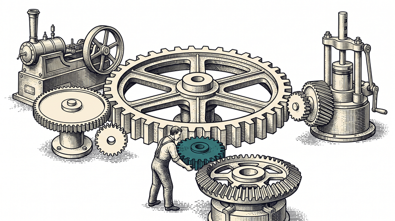 A small idler gear is lowered between the central wheel and outside machines whose teeth do not match it, without the central wheel ever being opened