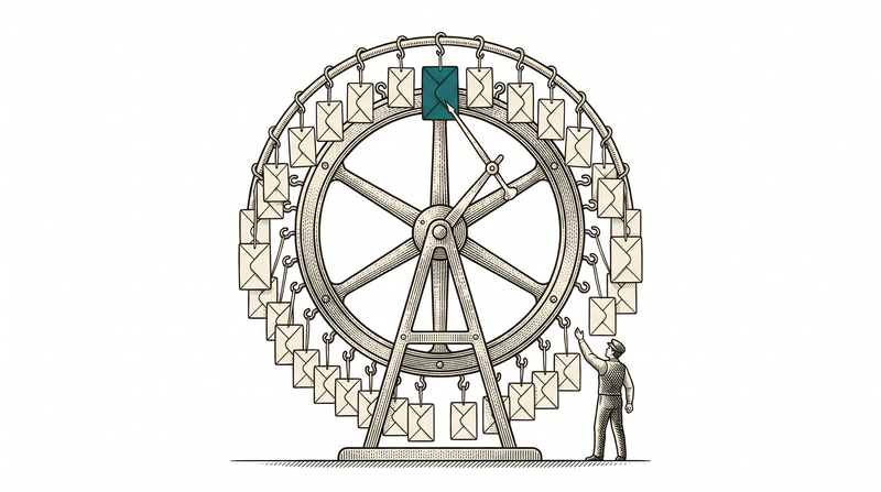 A giant wheel ringed with hooks, a folded file hanging from each; it has turned by itself to bring the teal one to the top where a small arm points at it, and a worker reaches up for it