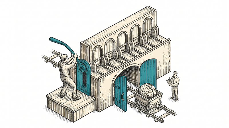 An operator pulls one large lever; exactly one of the row of gates opens and a cart carrying a brain rolls through on rails