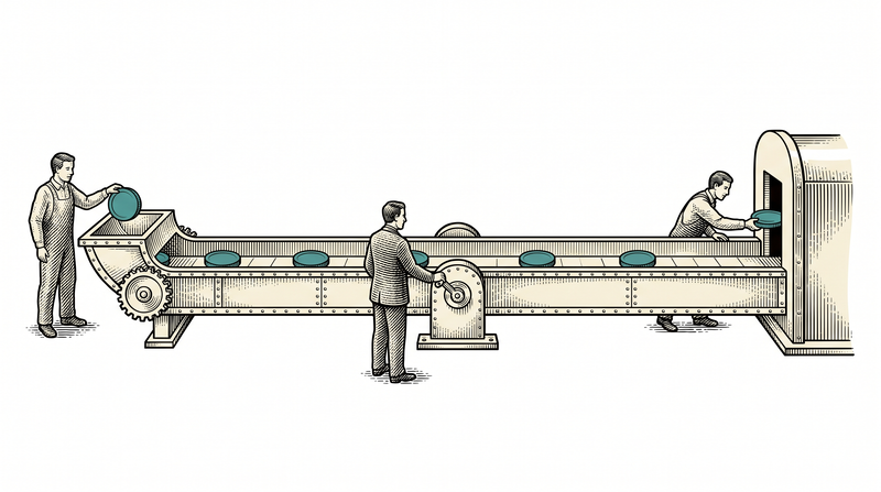 The teal token dropped by the resident travels along a channel that is open from end to end: the manager in the middle turns the lever, the repairer at the far end lifts it out into a closed housing, and the token stays visible at every point with none fallen out