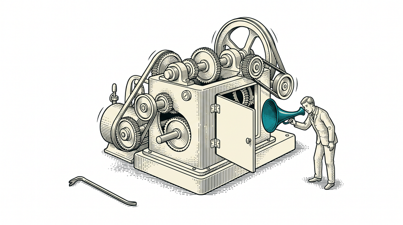 A figure holding a teal listening horn to an open inspection panel, head tilted, while the machine keeps running and a crowbar lies unused on the ground
