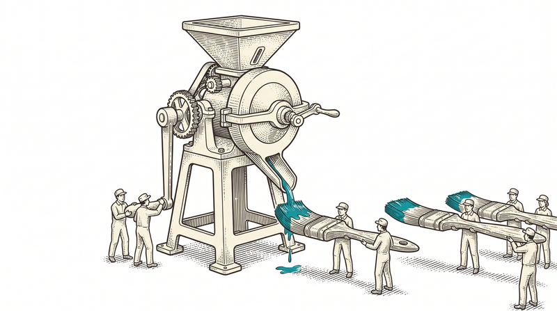 Brushes of different sizes each charged with teal wash from the single spout of one mill