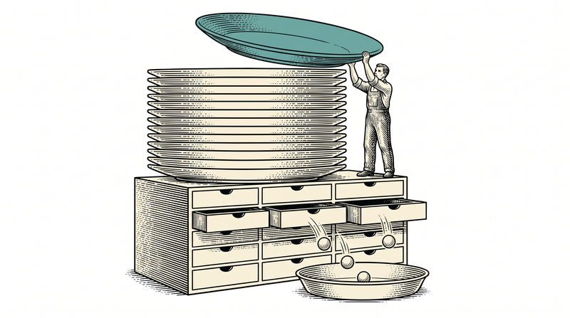 The moment a plate is lifted off the stack the drawers beneath open by themselves and each drops a piece, without the worker touching them at all