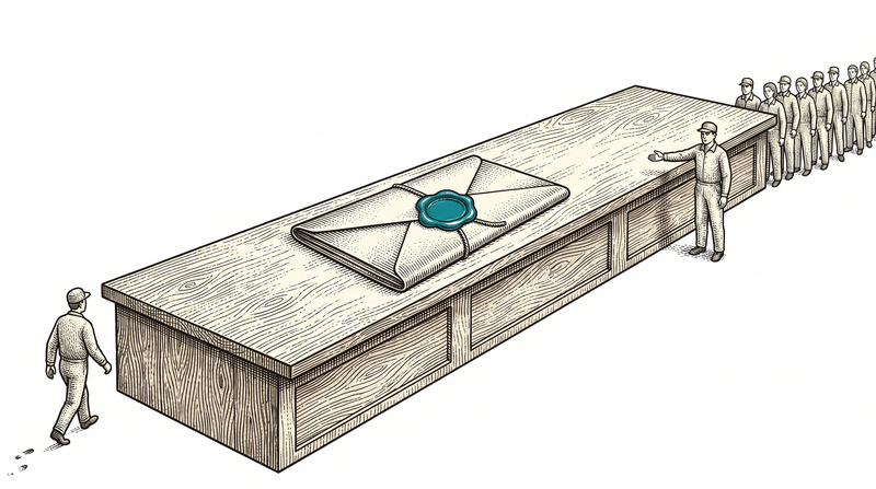 One wax-sealed folder sits alone in the middle of a very long empty counter; on the left a worker has turned away and is walking off, on the right another holds out a hand but cannot reach it, with a queue waiting behind
