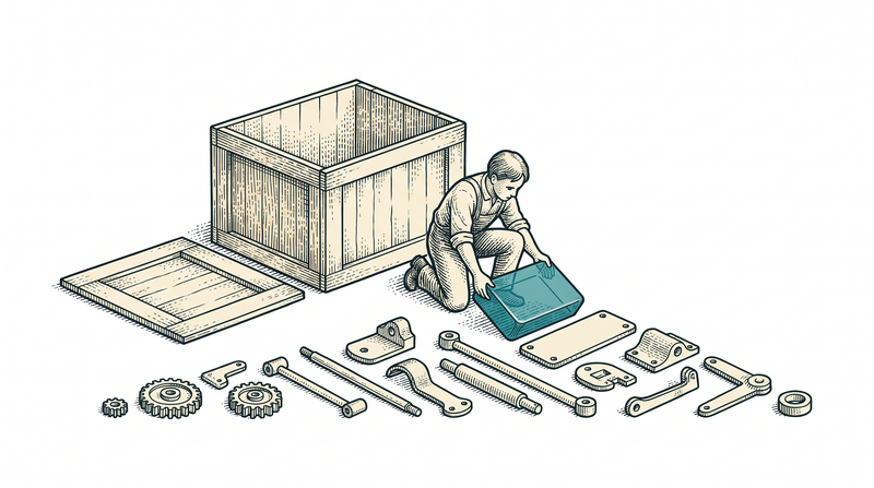 A worker kneeling beside an opened crate, lifting parts out one at a time and laying them in a neat row on the ground with nothing assembled